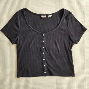 Levi's Y2K Black Ribbed Cropped Snap Button Up Short Sleeve Top Women M
